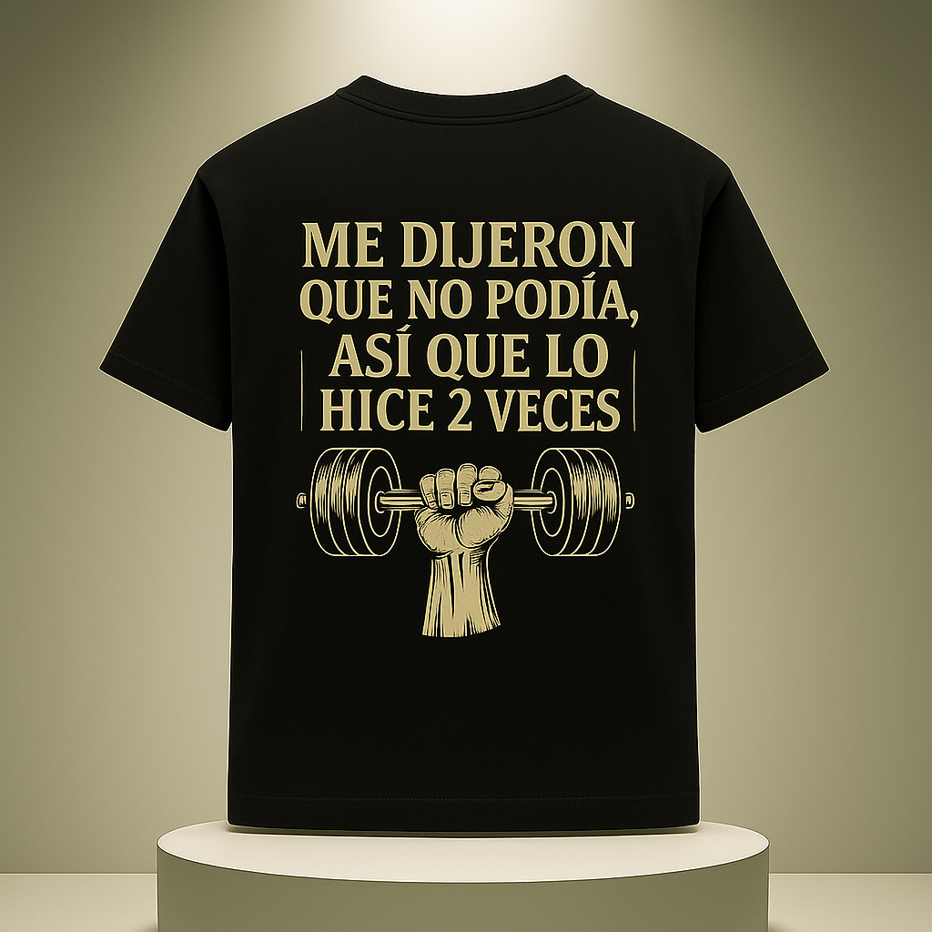 Black t-shirt with motivational text and graphic on a beige background