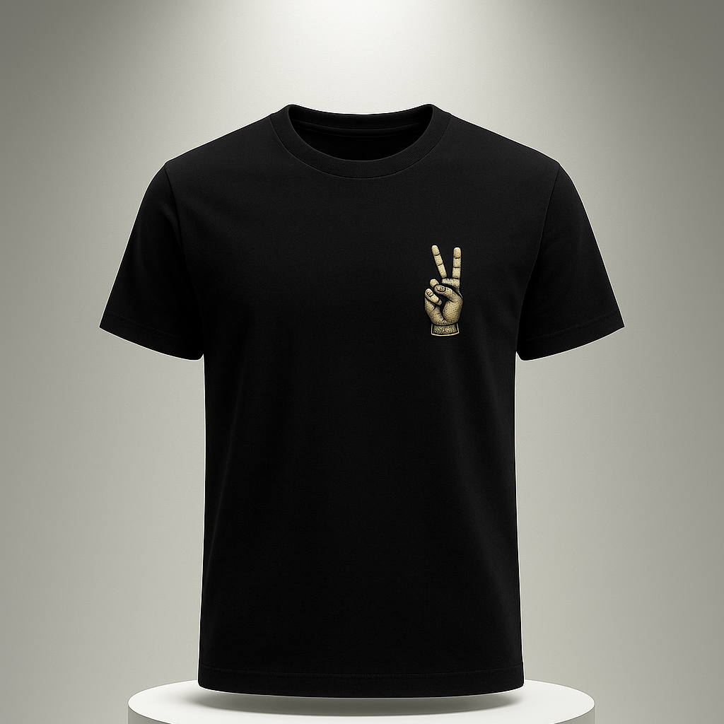 Black t-shirt with a peace sign design on a white pedestal against a gray background