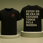 Black t-shirt with text and a rose design.