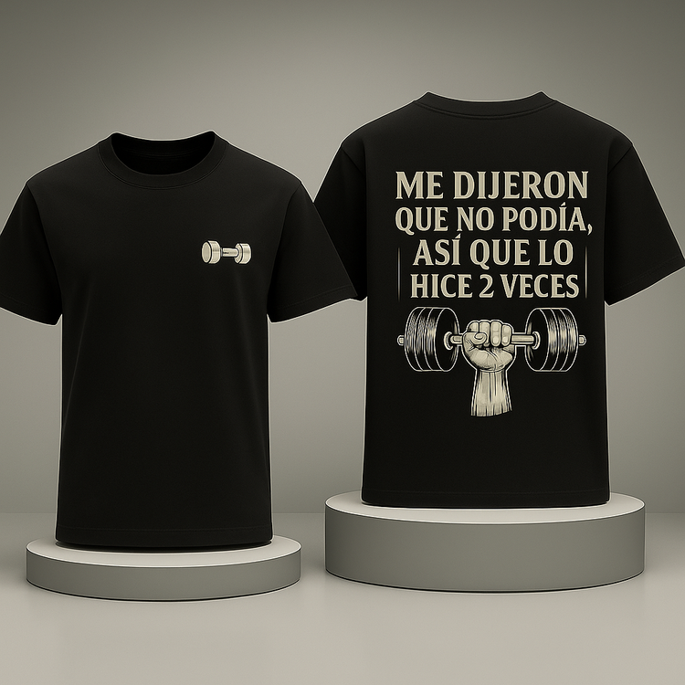 Black t-shirt with graphic design and text on a gray background