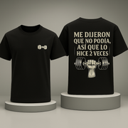 Black t-shirt with graphic design and text 
