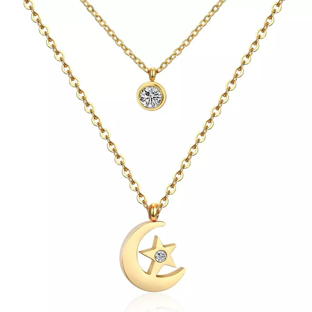 LUXUKISSKIDS Women  Jewelry Necklace Moon Star Gold/Steel Pendant Chain Double Necklace With Crystal Choker Necklaces set - mariaestalocashop