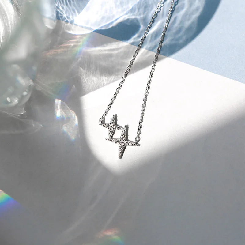 Brand New 925 Sterling Silver Star Necklace One Large Small Two Stars Pendant Clavicle Chain Gift Ladies Fashion Jewelry - mariaestalocashop
