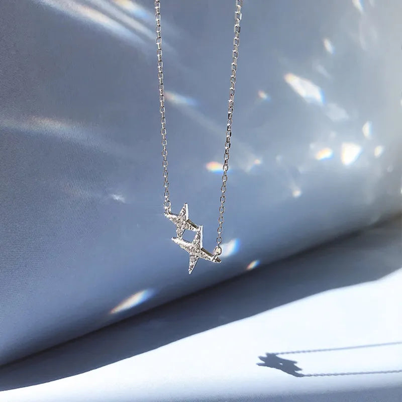 Brand New 925 Sterling Silver Star Necklace One Large Small Two Stars Pendant Clavicle Chain Gift Ladies Fashion Jewelry - mariaestalocashop