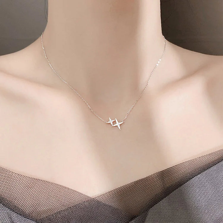 Brand New 925 Sterling Silver Star Necklace One Large Small Two Stars Pendant Clavicle Chain Gift Ladies Fashion Jewelry - mariaestalocashop
