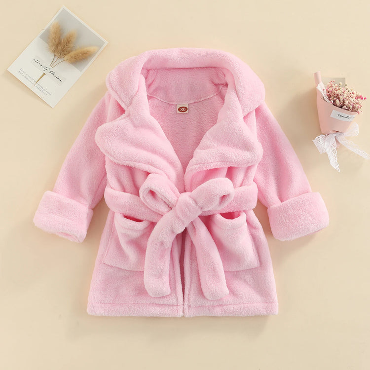 Winter Toddler Kids Soft Warm Flannel Bathrobe Solid Color Leopard Print Pocket Robe Pajamas Bath Towels with Belt for Girls Boy - mariaestalocashop