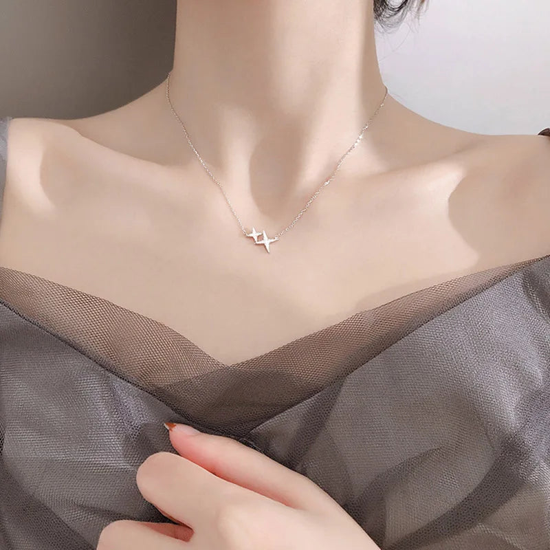 Brand New 925 Sterling Silver Star Necklace One Large Small Two Stars Pendant Clavicle Chain Gift Ladies Fashion Jewelry - mariaestalocashop