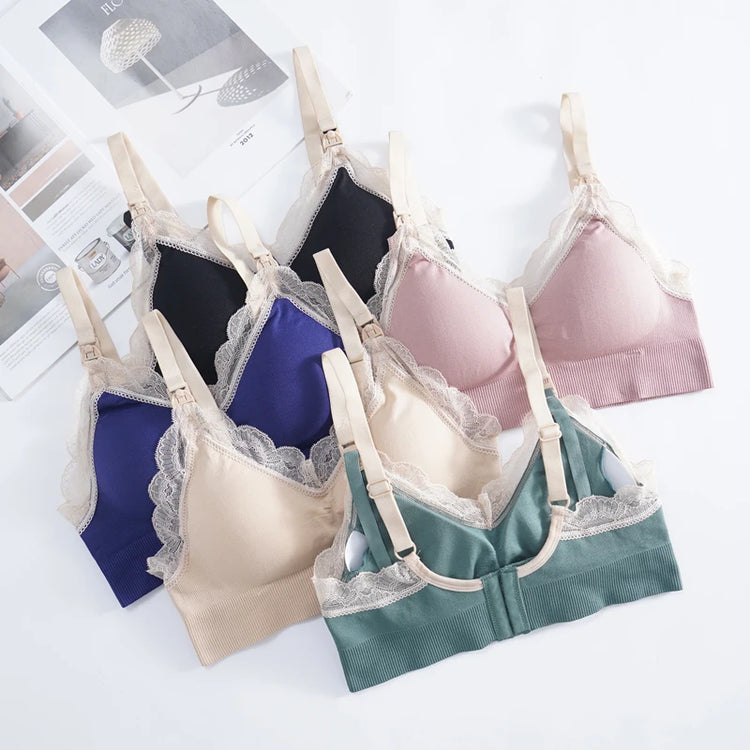 Wireless Front Open Nursing Bra Soft Lace Breathable Seamless Maternity Breastfeeding Bras Maternal Support For Pregnant Women - mariaestalocashop