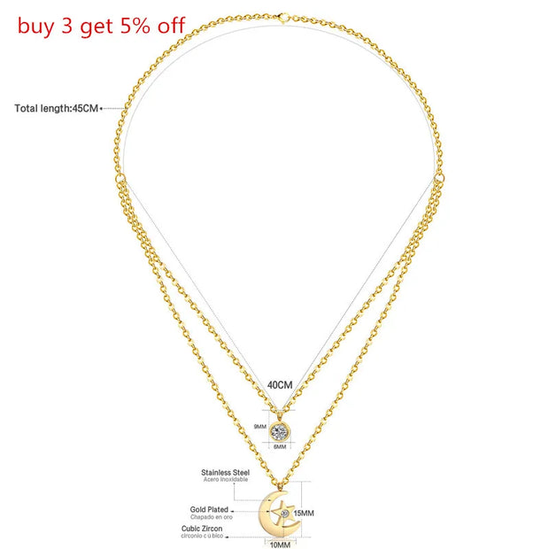 LUXUKISSKIDS Women  Jewelry Necklace Moon Star Gold/Steel Pendant Chain Double Necklace With Crystal Choker Necklaces set