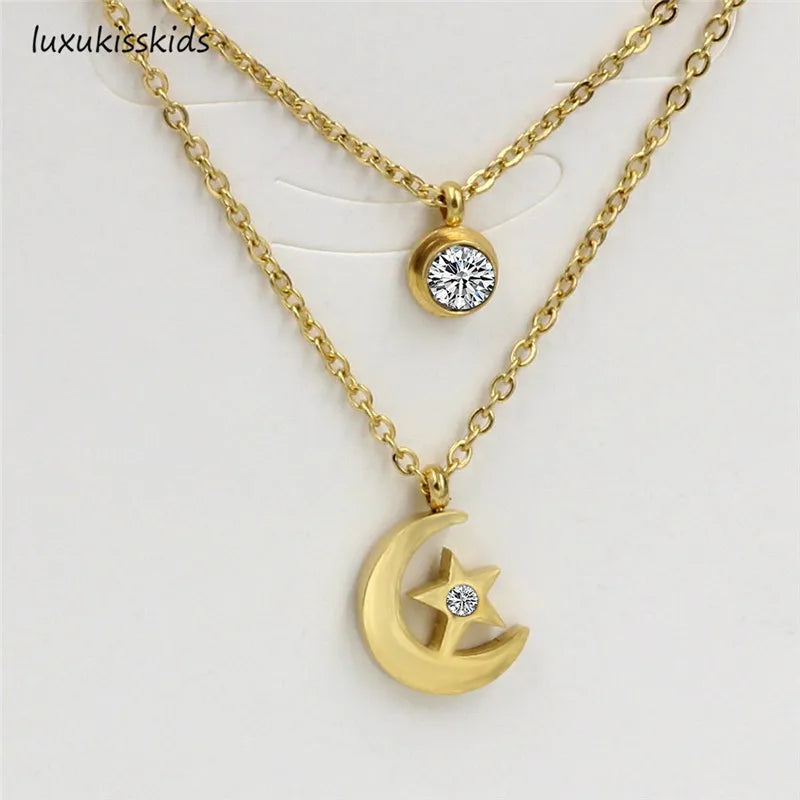 LUXUKISSKIDS Women  Jewelry Necklace Moon Star Gold/Steel Pendant Chain Double Necklace With Crystal Choker Necklaces set - mariaestalocashop