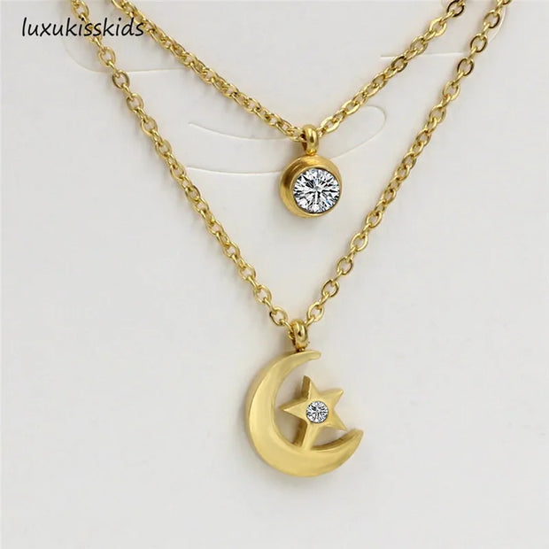 LUXUKISSKIDS Women  Jewelry Necklace Moon Star Gold/Steel Pendant Chain Double Necklace With Crystal Choker Necklaces set