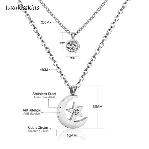 LUXUKISSKIDS Women  Jewelry Necklace Moon Star Gold/Steel Pendant Chain Double Necklace With Crystal Choker Necklaces set