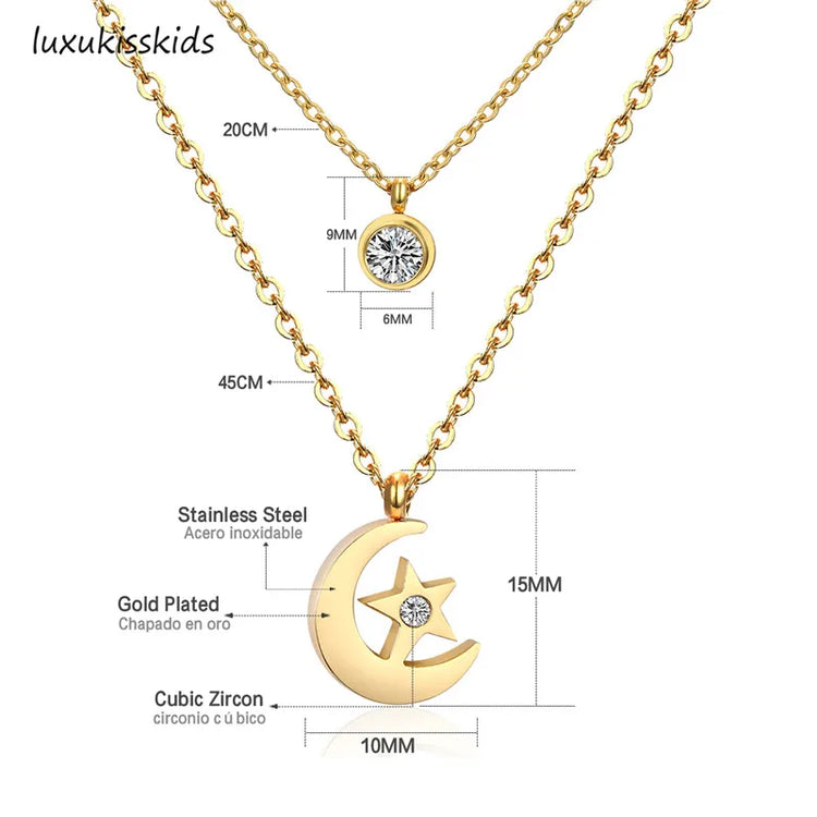 LUXUKISSKIDS Women  Jewelry Necklace Moon Star Gold/Steel Pendant Chain Double Necklace With Crystal Choker Necklaces set - mariaestalocashop