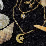 LUXUKISSKIDS Women  Jewelry Necklace Moon Star Gold/Steel Pendant Chain Double Necklace With Crystal Choker Necklaces set