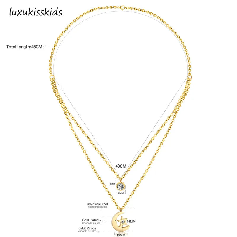 LUXUKISSKIDS Women  Jewelry Necklace Moon Star Gold/Steel Pendant Chain Double Necklace With Crystal Choker Necklaces set - mariaestalocashop