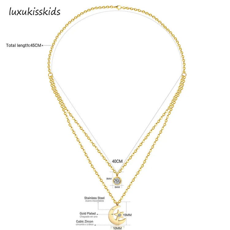 LUXUKISSKIDS Women  Jewelry Necklace Moon Star Gold/Steel Pendant Chain Double Necklace With Crystal Choker Necklaces set - mariaestalocashop
