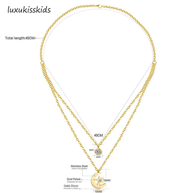 LUXUKISSKIDS Women  Jewelry Necklace Moon Star Gold/Steel Pendant Chain Double Necklace With Crystal Choker Necklaces set