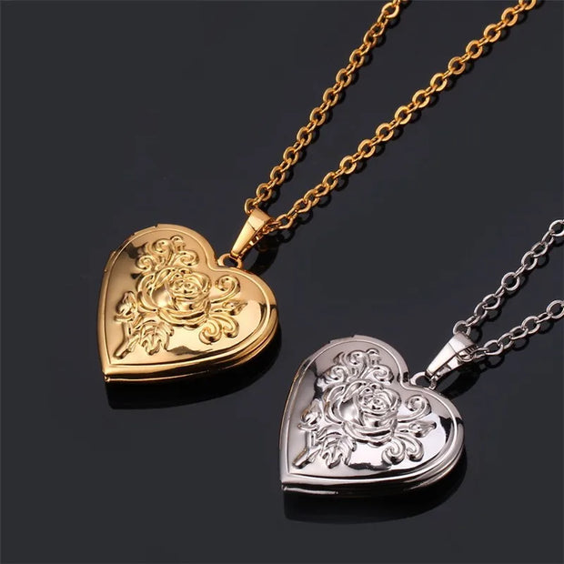 Openable Heart Locket Necklace Photo Frame Memory Romantic Love Embossed Rose Flower Pendant for Women Best Mother's Day Gift