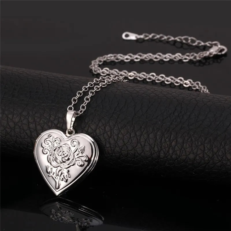 Openable Heart Locket Necklace Photo Frame Memory Romantic Love Embossed Rose Flower Pendant for Women Best Mother's Day Gift - mariaestalocashop