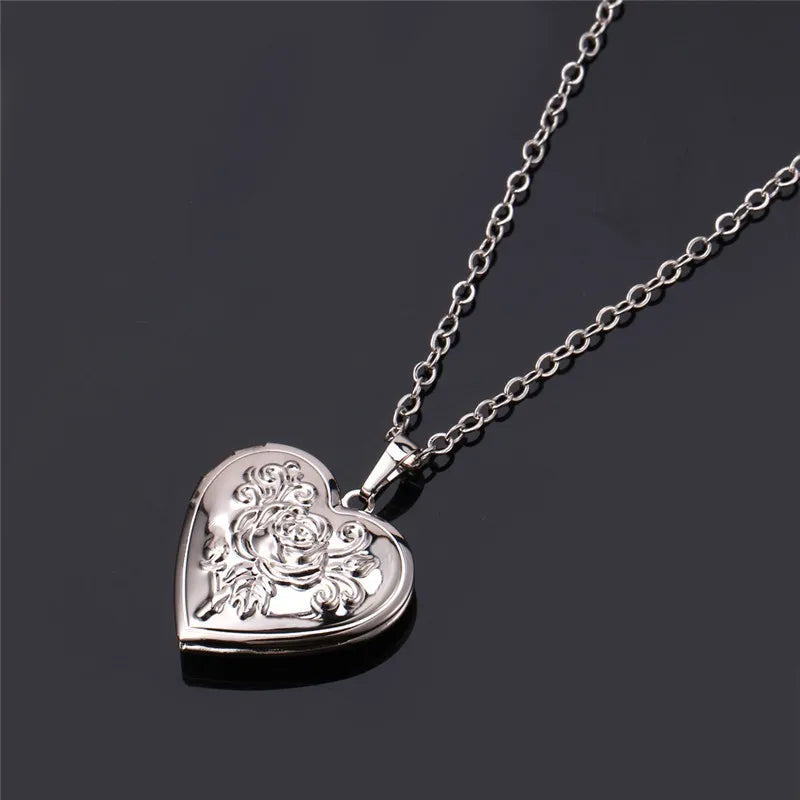 Openable Heart Locket Necklace Photo Frame Memory Romantic Love Embossed Rose Flower Pendant for Women Best Mother's Day Gift - mariaestalocashop
