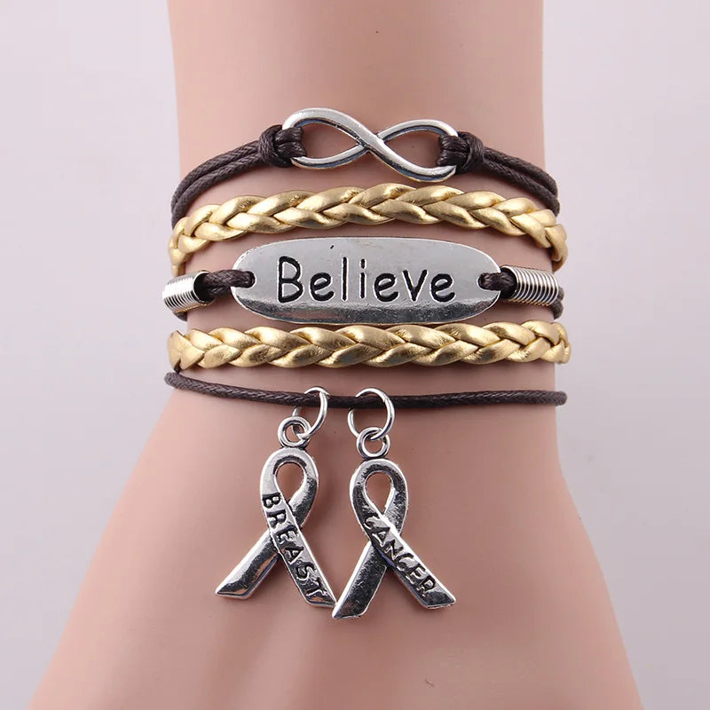 Faith Believe Hope Charm Breast CANCER Women Bracelet Stacks Awareness Wrap Bracelets & Bangles For Women Jewelry Accessories - mariaestalocashop