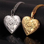 Openable Heart Locket Necklace Photo Frame Memory Romantic Love Embossed Rose Flower Pendant for Women Best Mother's Day Gift