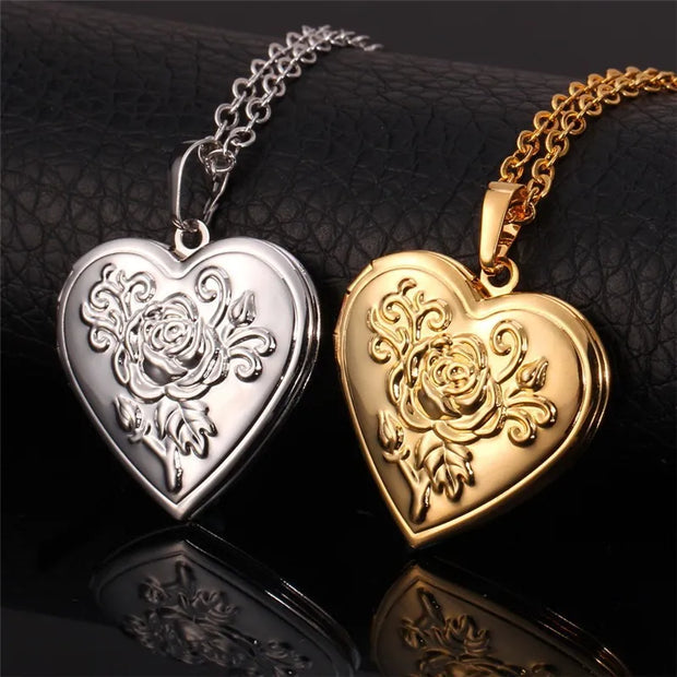 Openable Heart Locket Necklace Photo Frame Memory Romantic Love Embossed Rose Flower Pendant for Women Best Mother's Day Gift
