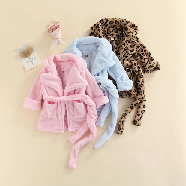 Winter Toddler Kids Soft Warm Flannel Bathrobe Solid Color Leopard Print Pocket Robe Pajamas Bath Towels with Belt for Girls Boy
