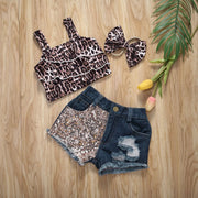 0-3Y Denim Outfits for Toddler Baby Girls Sleeveless Leopard Crop Tops vest Hipster Jean Pants Shorts 2021 Summer Clothes Set