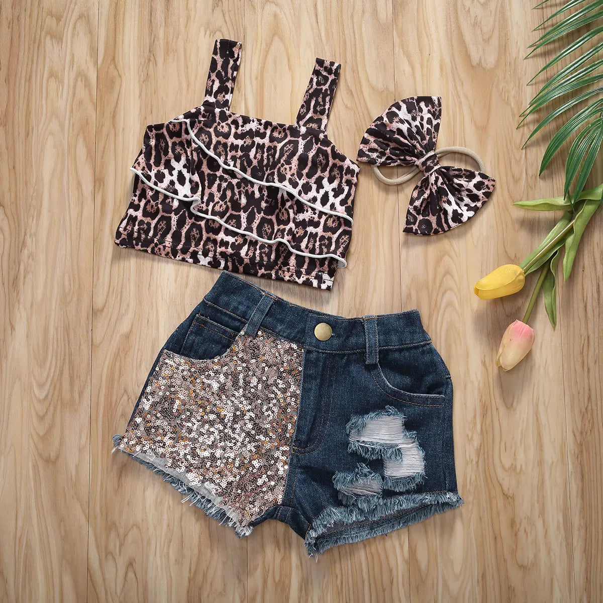 0-3Y Denim Outfits for Toddler Baby Girls Sleeveless Leopard Crop Tops vest Hipster Jean Pants Shorts 2021 Summer Clothes Set - mariaestalocashop