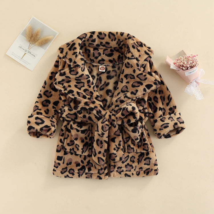 Winter Toddler Kids Soft Warm Flannel Bathrobe Solid Color Leopard Print Pocket Robe Pajamas Bath Towels with Belt for Girls Boy - mariaestalocashop