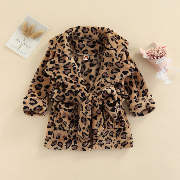 Winter Toddler Kids Soft Warm Flannel Bathrobe Solid Color Leopard Print Pocket Robe Pajamas Bath Towels with Belt for Girls Boy