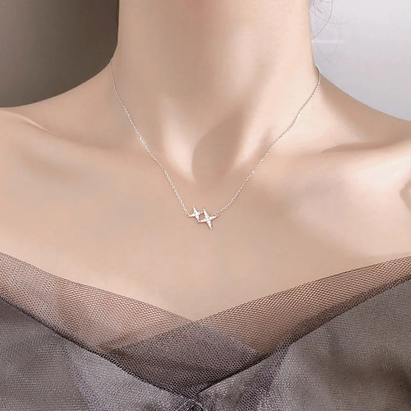 Brand New 925 Sterling Silver Star Necklace One Large Small Two Stars Pendant Clavicle Chain Gift Ladies Fashion Jewelry - mariaestalocashop