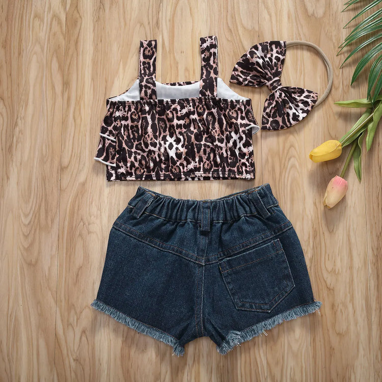 0-3Y Denim Outfits for Toddler Baby Girls Sleeveless Leopard Crop Tops vest Hipster Jean Pants Shorts 2021 Summer Clothes Set - mariaestalocashop
