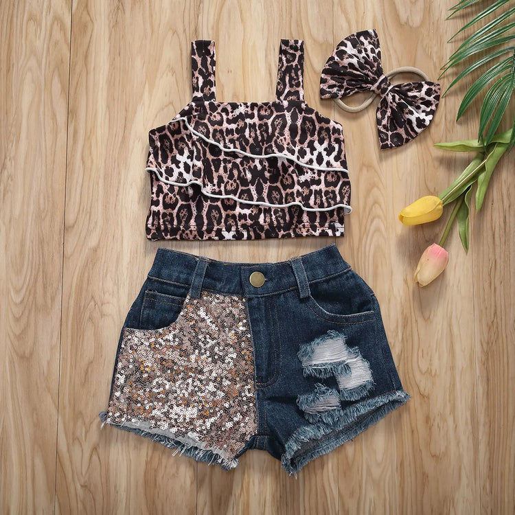 0-3Y Denim Outfits for Toddler Baby Girls Sleeveless Leopard Crop Tops vest Hipster Jean Pants Shorts 2021 Summer Clothes Set - mariaestalocashop