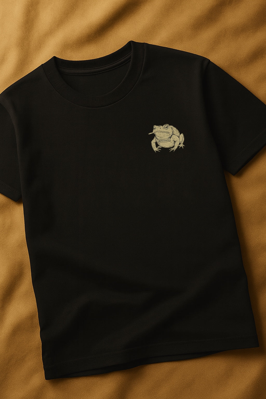 Black t-shirt with a white graphic on a brown background