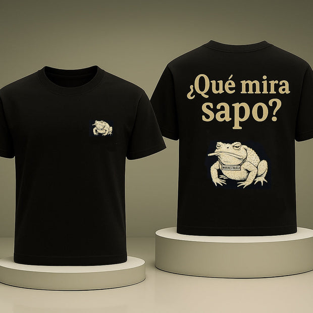Two black t-shirts with white graphics and text on a neutral background