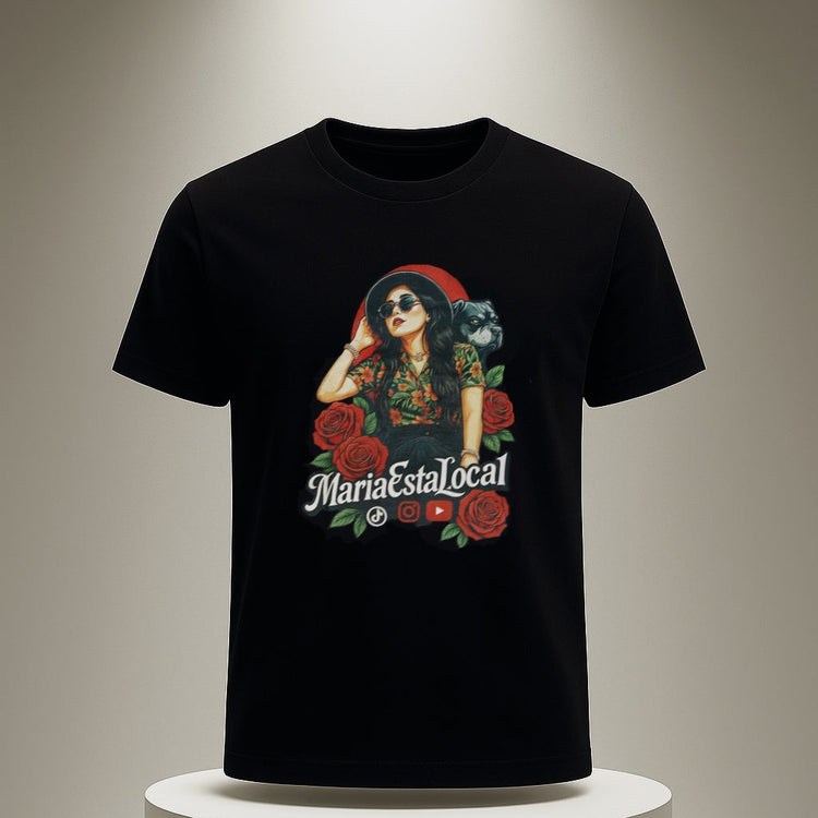Black t-shirt with a graphic design on a white pedestal against a neutral background