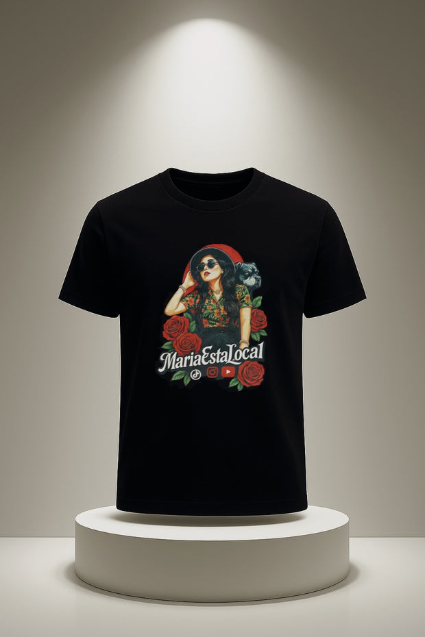 MariaEstaLocal Graphic T-Shirt – Latina Streetwear with Roses & Bulldog Design