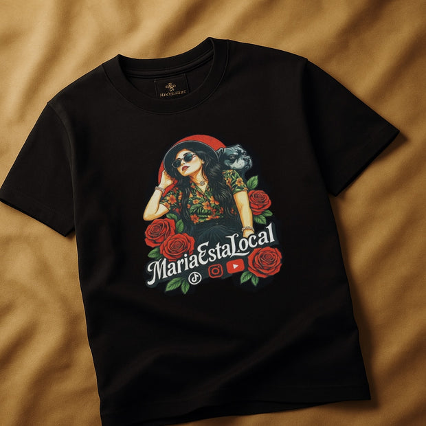 MariaEstaLocal Graphic T-Shirt – Latina Streetwear with Roses & Bulldog Design