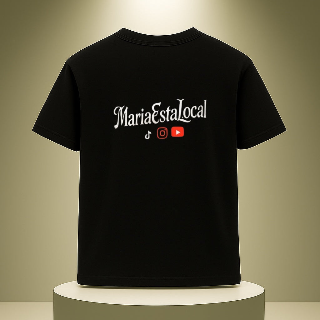 Black t-shirt with 'MariaEstaLocal' text on a round platform against a beige background