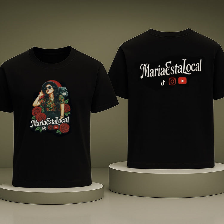 Two black t-shirts with 'MariaEstaLocal' branding on a neutral background