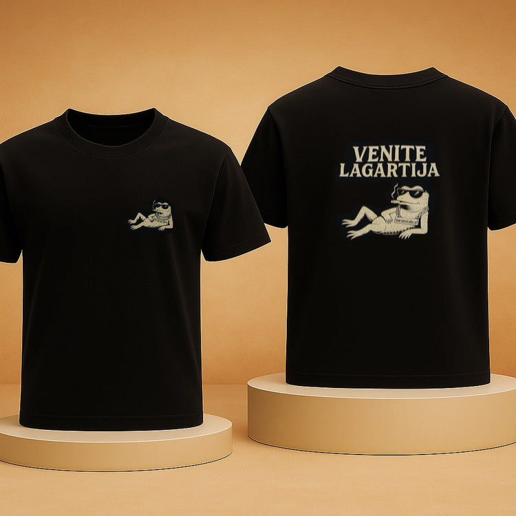 Two black t-shirts with graphic designs