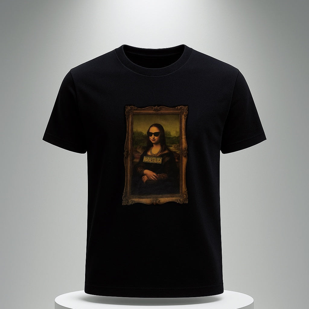 Black t-shirt with Mona Lisa graphic on a gray background