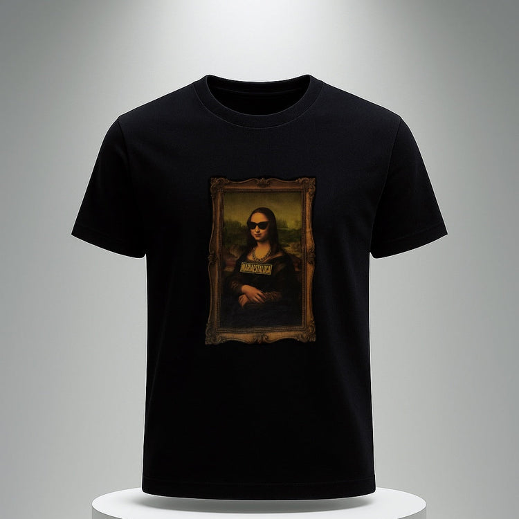 Black t-shirt with Mona Lisa graphic on a gray background