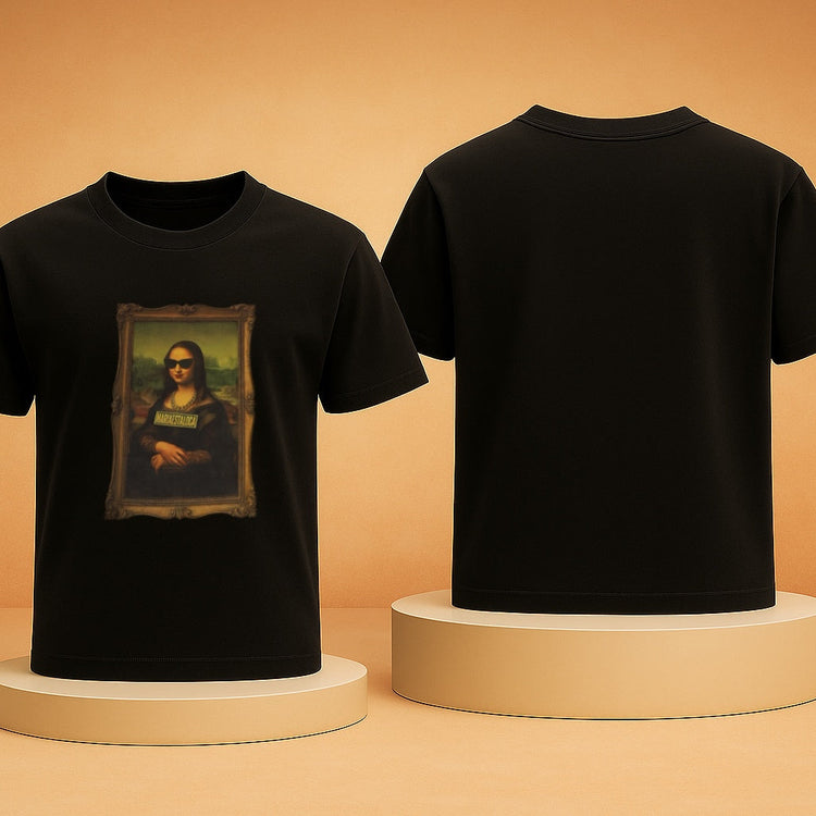 Black t-shirt with Mona Lisa graphic on a beige background
