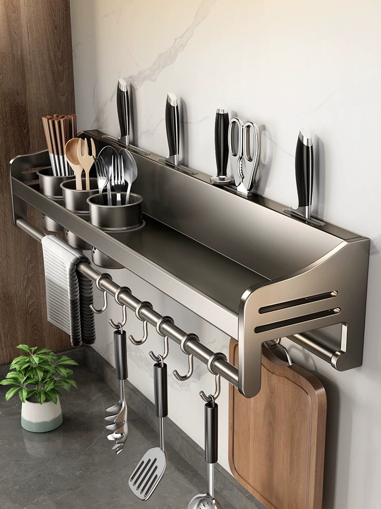 Kitchen Rack Punch-free Stainless Steel Household Wall-Mounted Seasoning Chopsticks Knife Holder Supplies Complete Storage Rack - mariaestalocashop