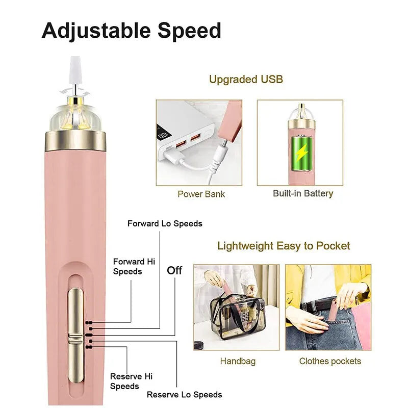 5 in 1 Electric Nail Polish Drill Machine With Light Portable Mini Electric Manicure Art Pen Tools For Gel Remover - mariaestalocashop