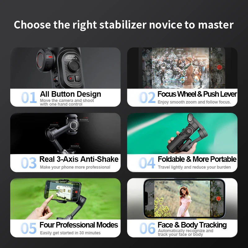 AOCHUAN 3-Axis Handheld Gimbal Stabilizer for Smartphone with Fill Light for iPhone Android Face Tracking Tiktok Vlog Smart XE - mariaestalocashop