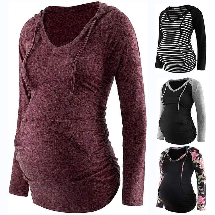 Women Maternity Hoodies Striped Print Long Sleeve V-neck Hoodie Sweatshirts Top Mom Pregnant Nursing Autumn And Winter Clothes - mariaestalocashop